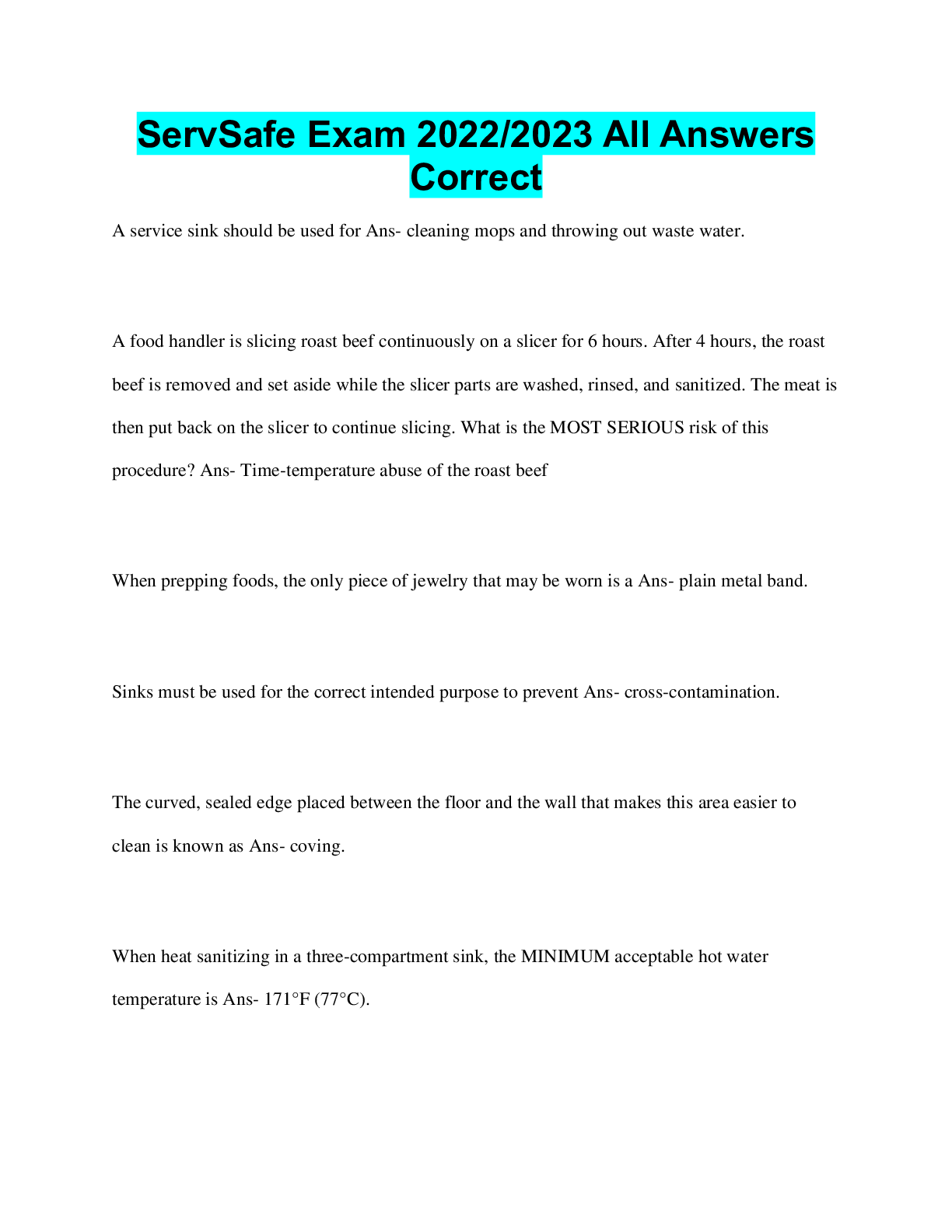 ServSafe exam 2022 80 questions WITH COMPLETE SOLUTIONS Browsegrades